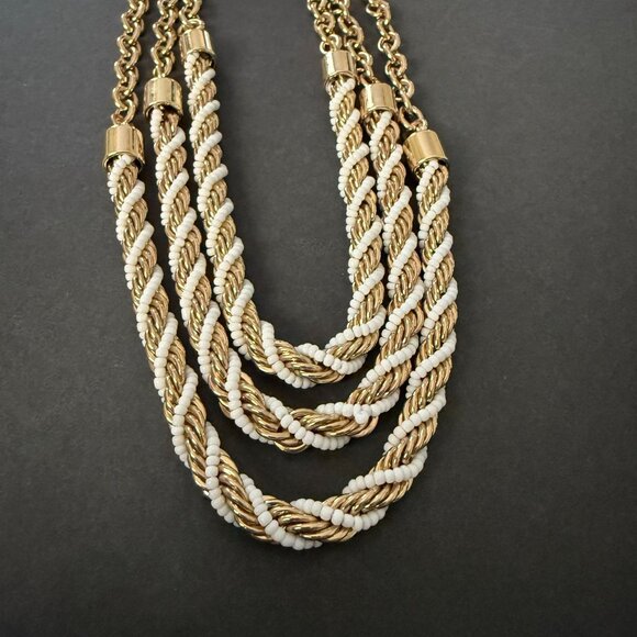 BCBG Max Azria Gold White 3 Strand Rope Chain Necklace Heavy Vintage-Inspired - Picture 5 of 13